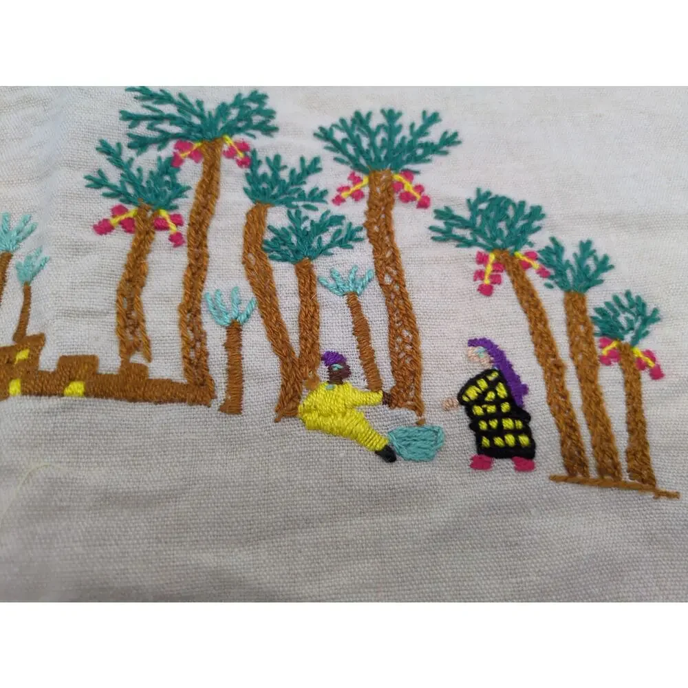 Vintage Hand-Embroidered Cultural Village Motif Desert Oasis Linen Placemat